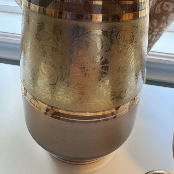 7 Pc. Vtg Bohemian Crystal Frost Amber Glass Gold Embossed Decanter Set Stemware - Picture 9 of 15